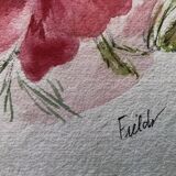 Peinture aquarelle fleurs sur papier, signé fields, non daté, sans cadre, bleu orange rouge naif