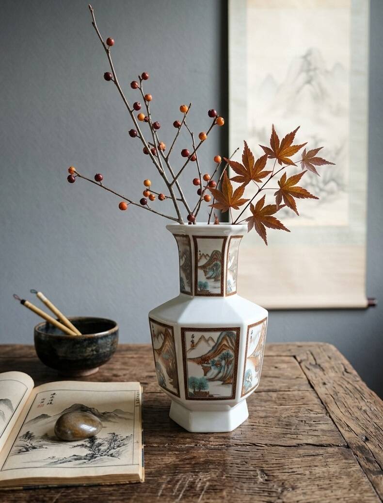 Vintage Hexagonal Japanese Porcelain Vase – Landscape Decoration