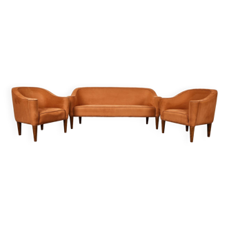 Velvet Sofa and Armchairs by Josef Hoffmann for Wiener Werkstätte , Italy, 1980s, Set of 3