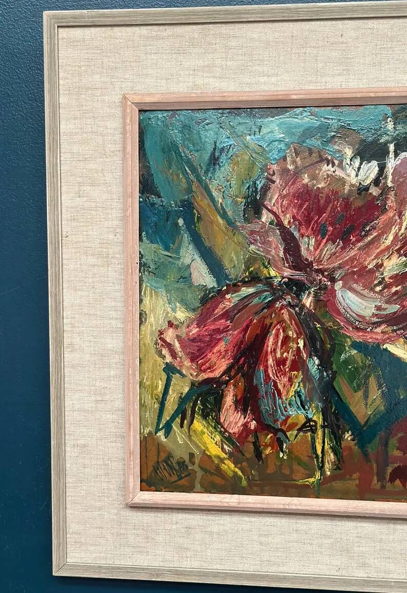 Original Swedish Oil on Panel – "Pink Flower" by Owe Wessbohn – Signed – Vintage and Framed – 69 × 51 cm (27.2" × 20.1")