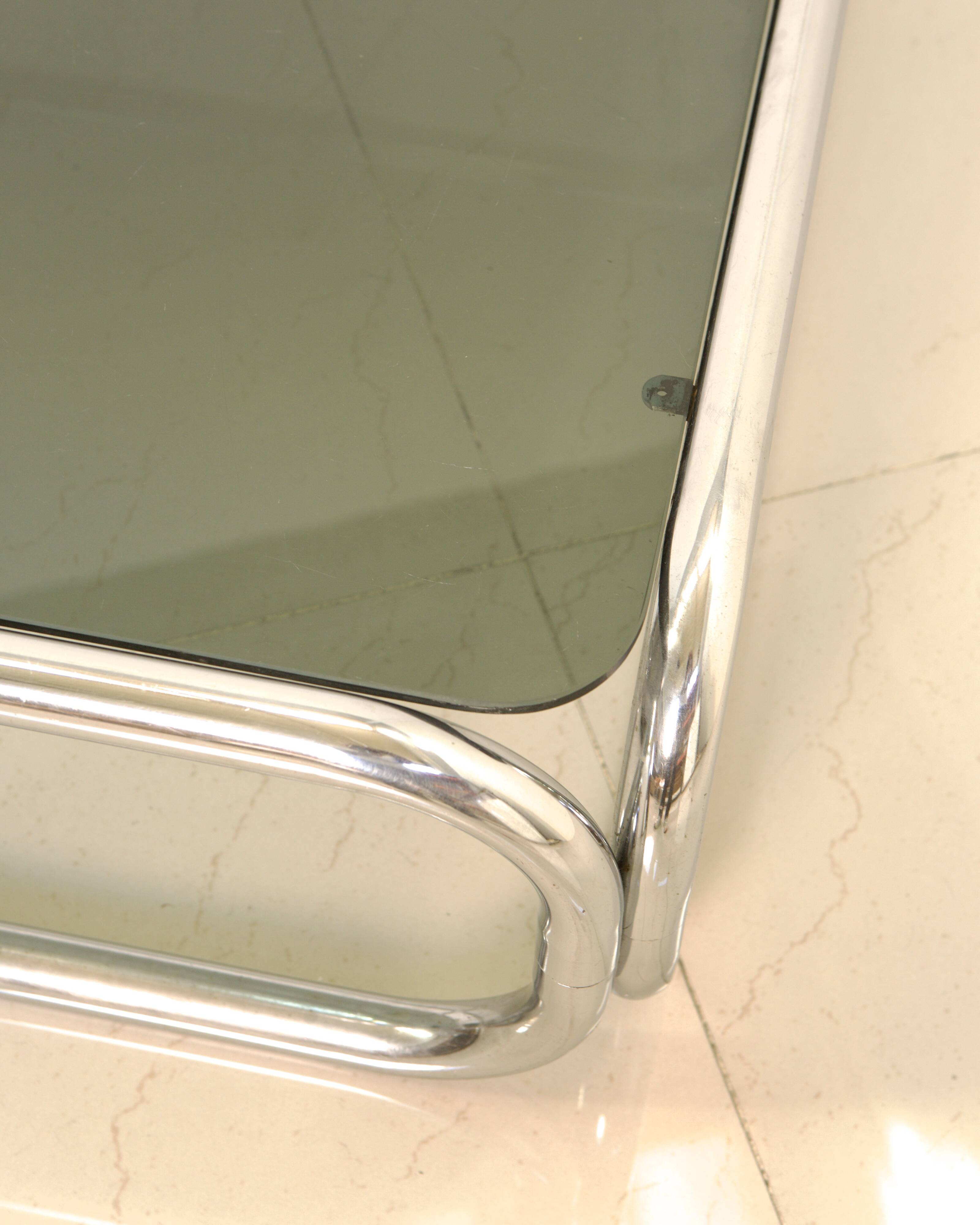 70s "Space Age" square metal coffee table with smoked top