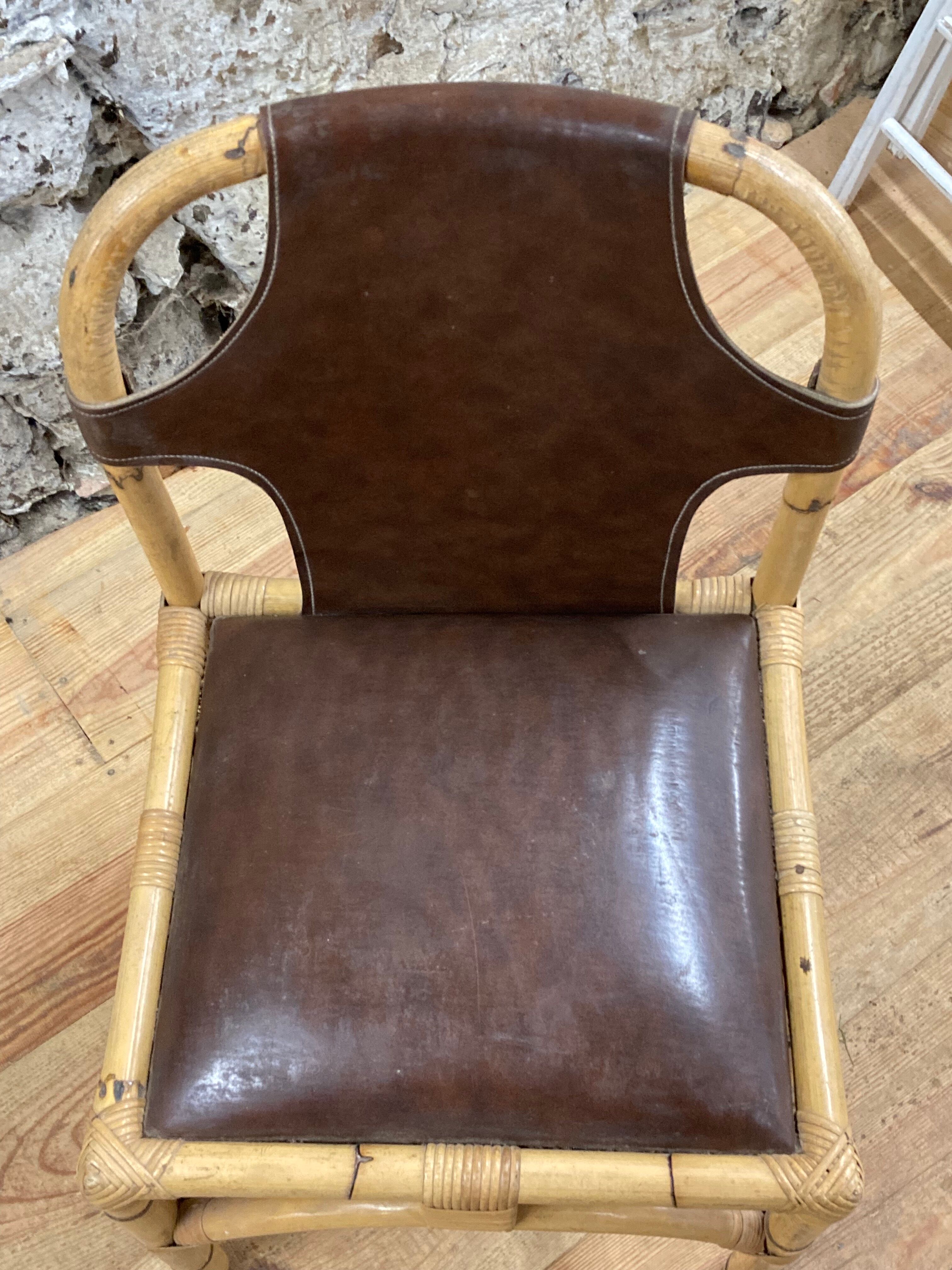 Vintage chair in rattan and bamboo and brown leather