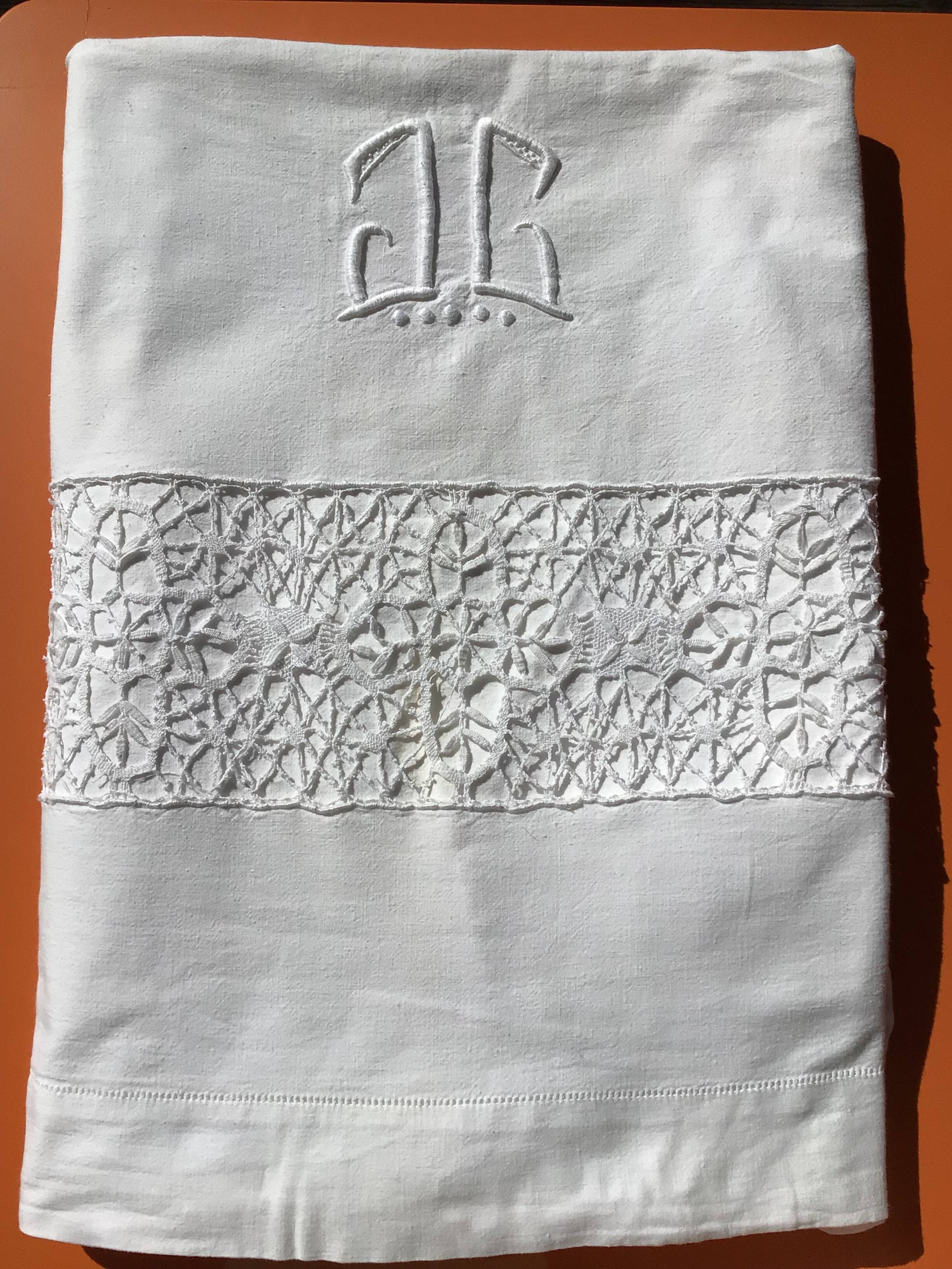 JC embroidered single sheet with crocheted lace