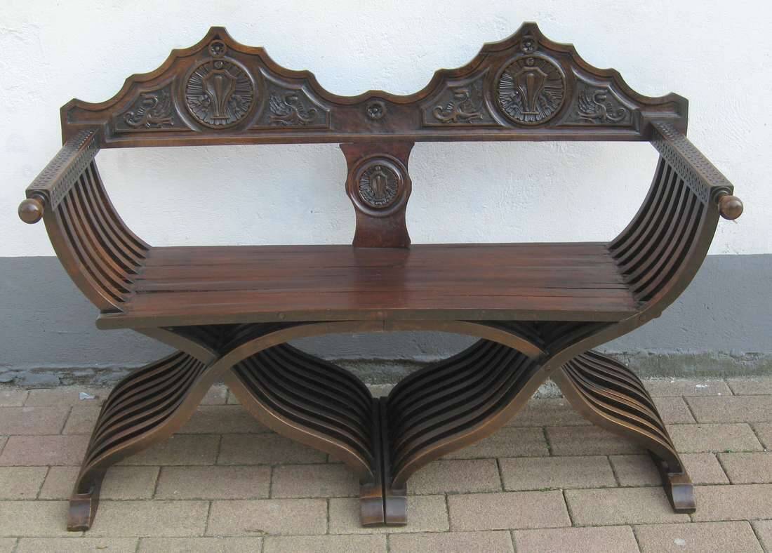 Restored antique Savonarole canapé with wax and yellow lacquer.
