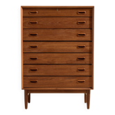 Restored teak chest of drawers with seven drawers.