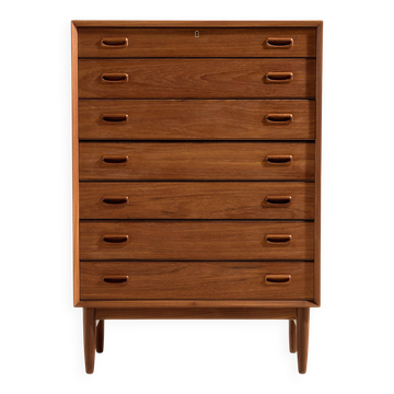 Restored teak chest of drawers with seven drawers.