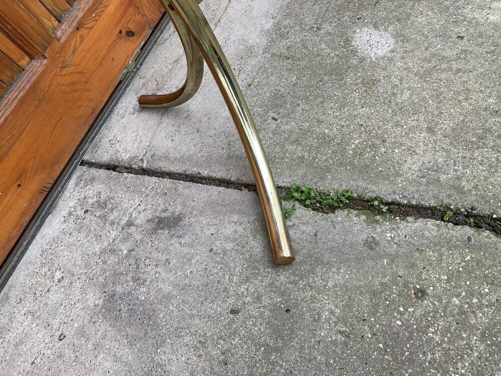Brass and glass dining table, yellow finish, Hollywood Regency style (1970s)