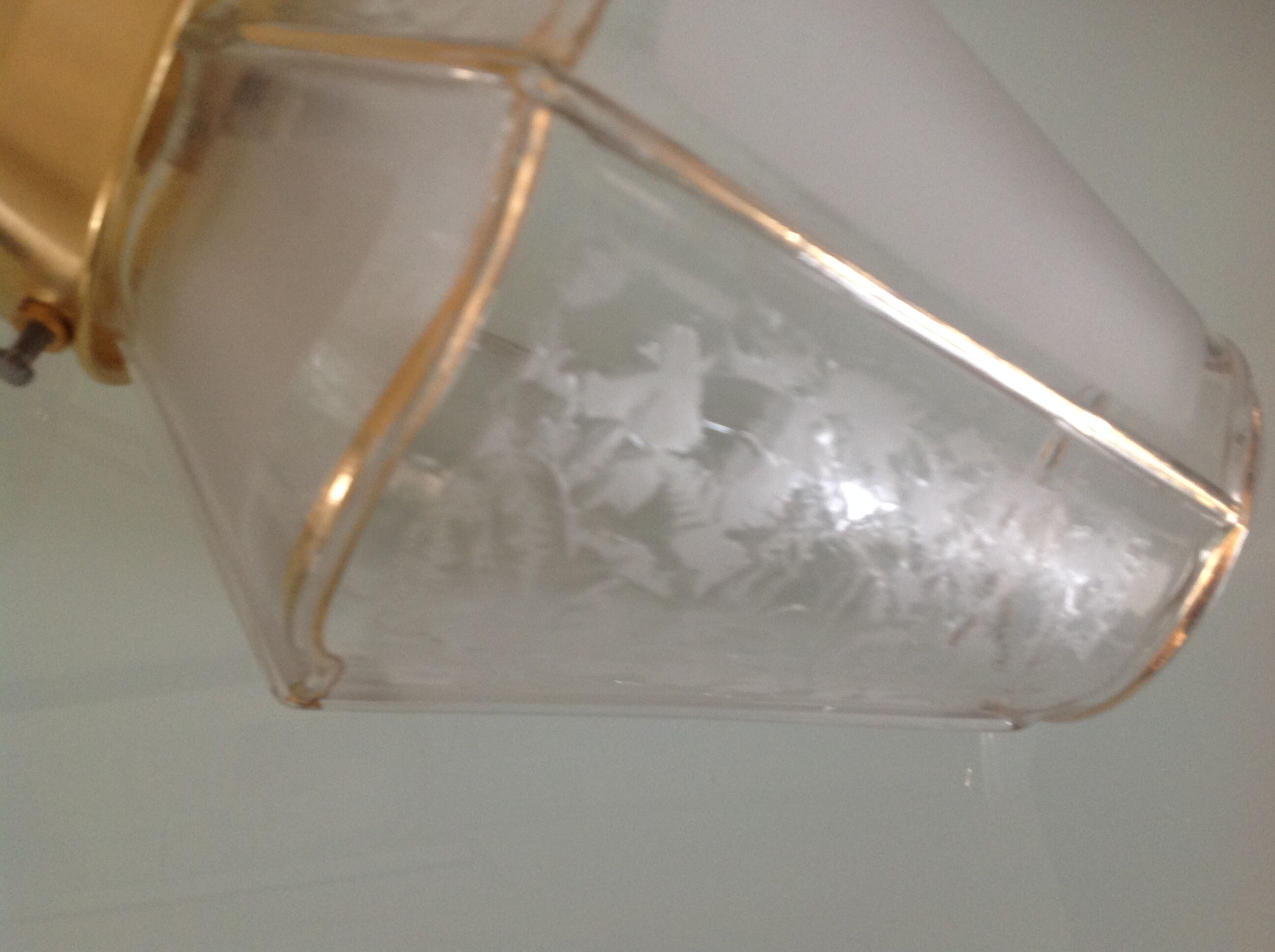 Suspension lanterne quatre faces  en verre dépoli et métal doré art déco / art nouveau