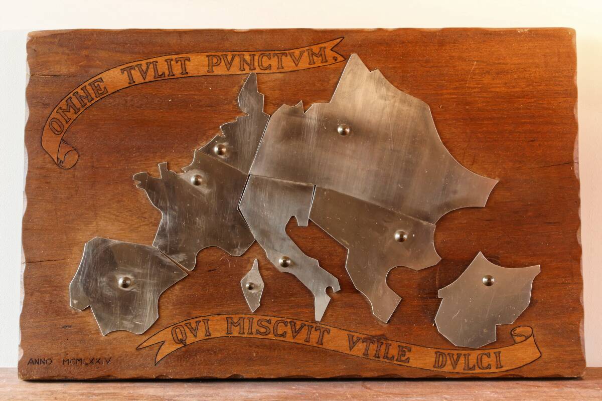 Wooden and stainless steel world map, folk art, 1974