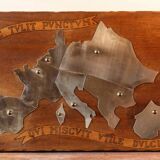 Wooden and stainless steel world map, folk art, 1974