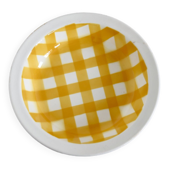 Saladier vintage porcelaine Digoin motif écossais jaune et blanc