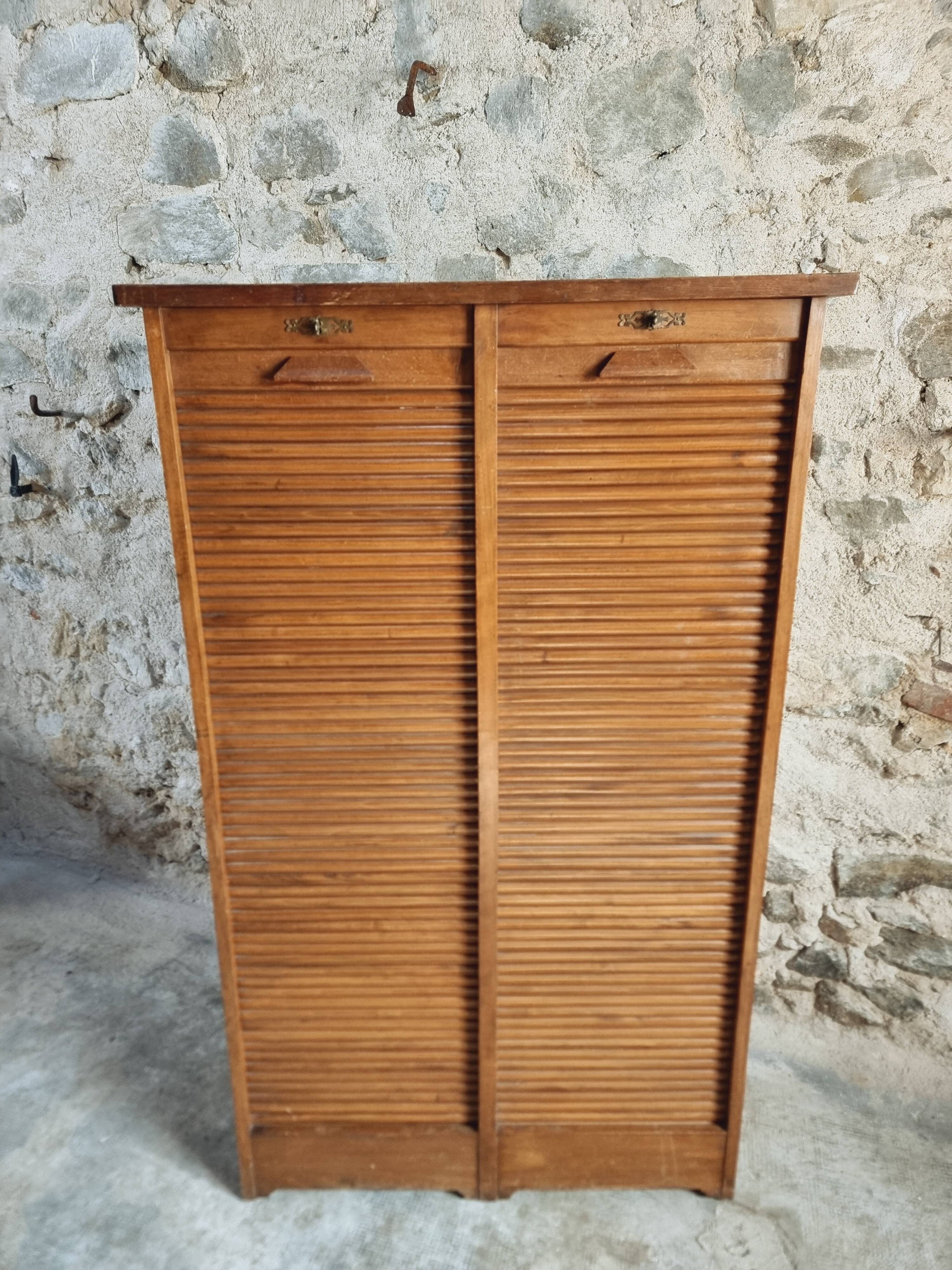 Antique filing cabinet with curtains – 1920s/30s – Beech