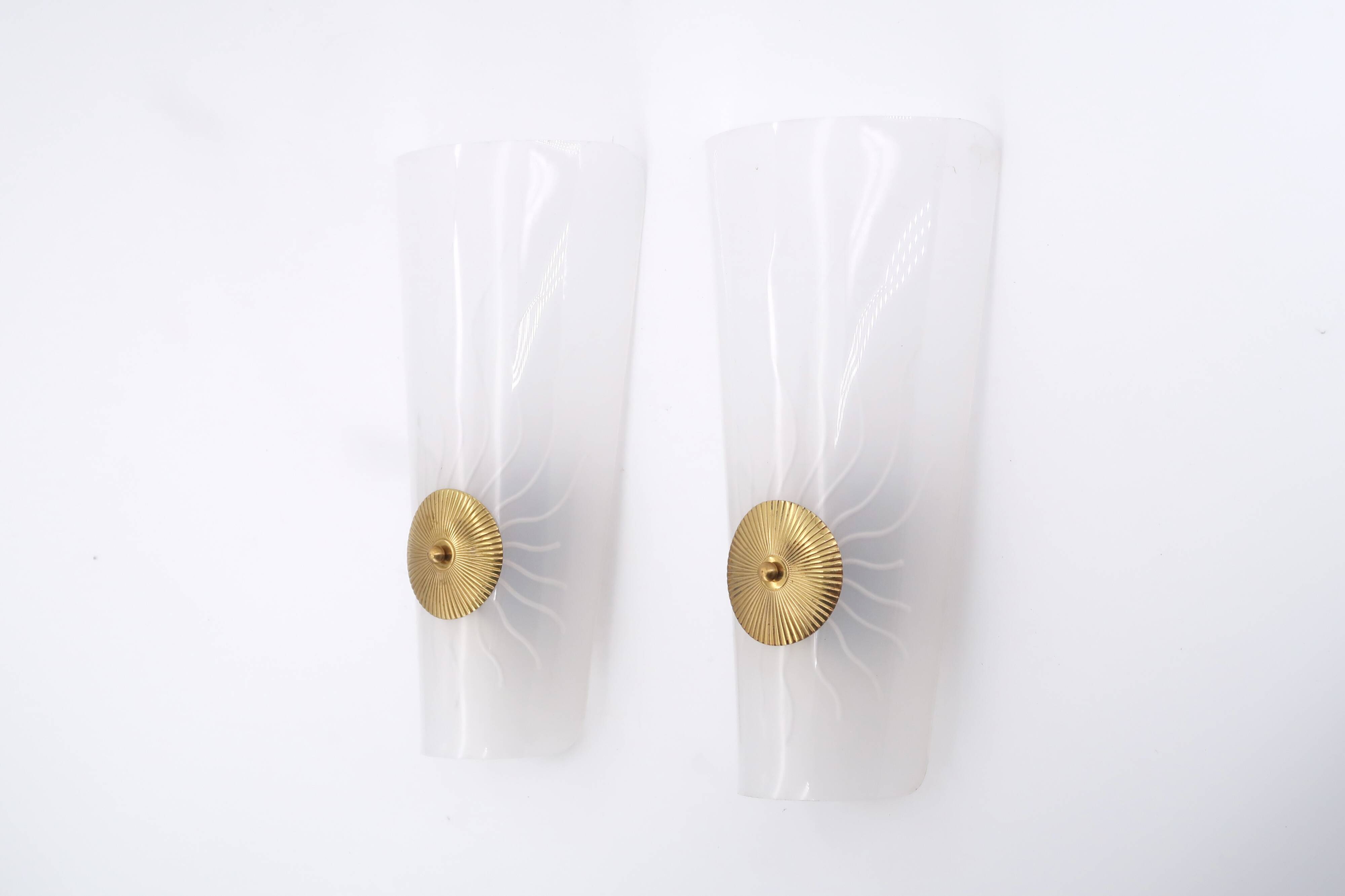 Pair of white and gold wall lights, sun decor, 1950s
