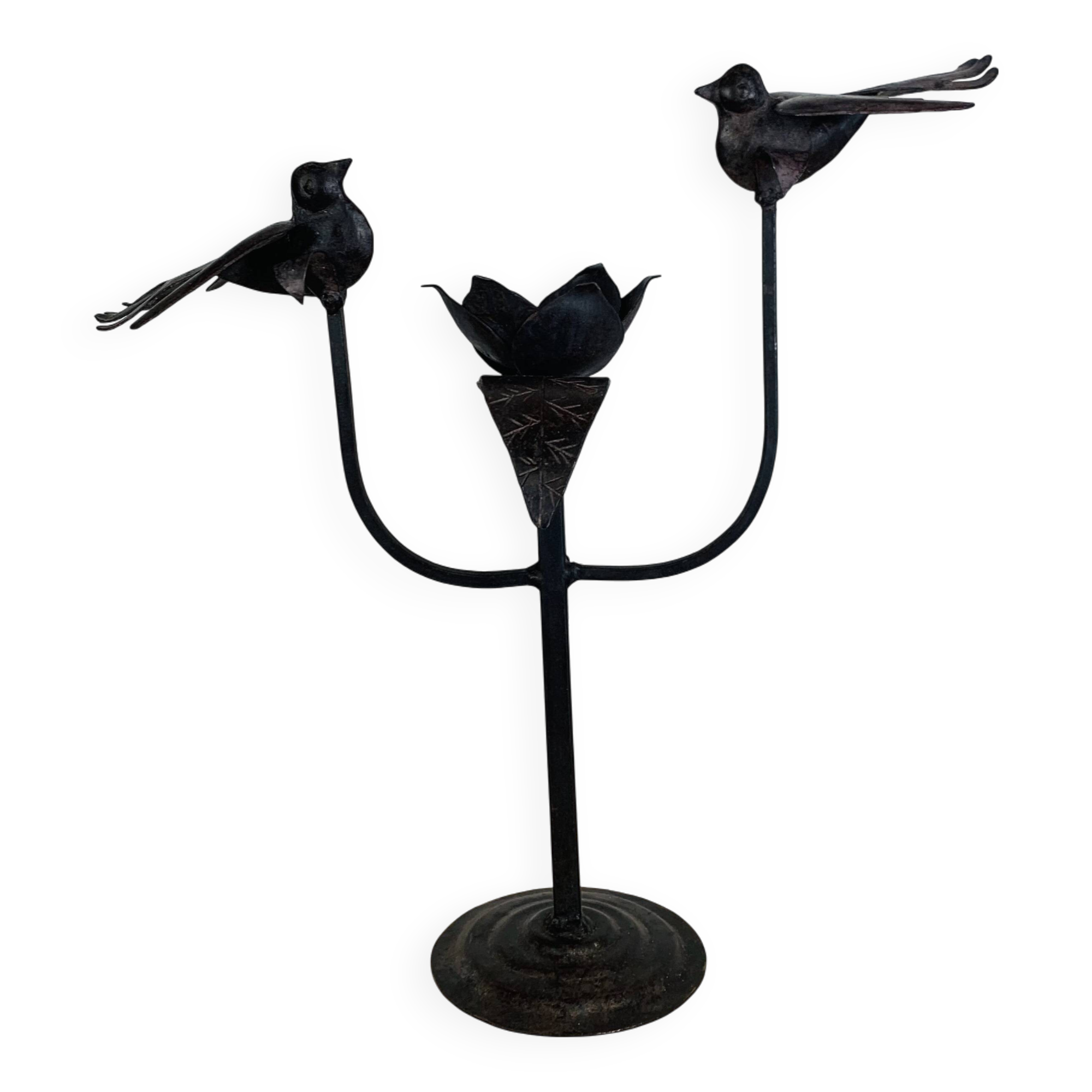 Brutalist wrought iron candle holder with birds