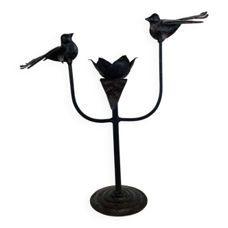 Brutalist wrought iron candle holder with birds