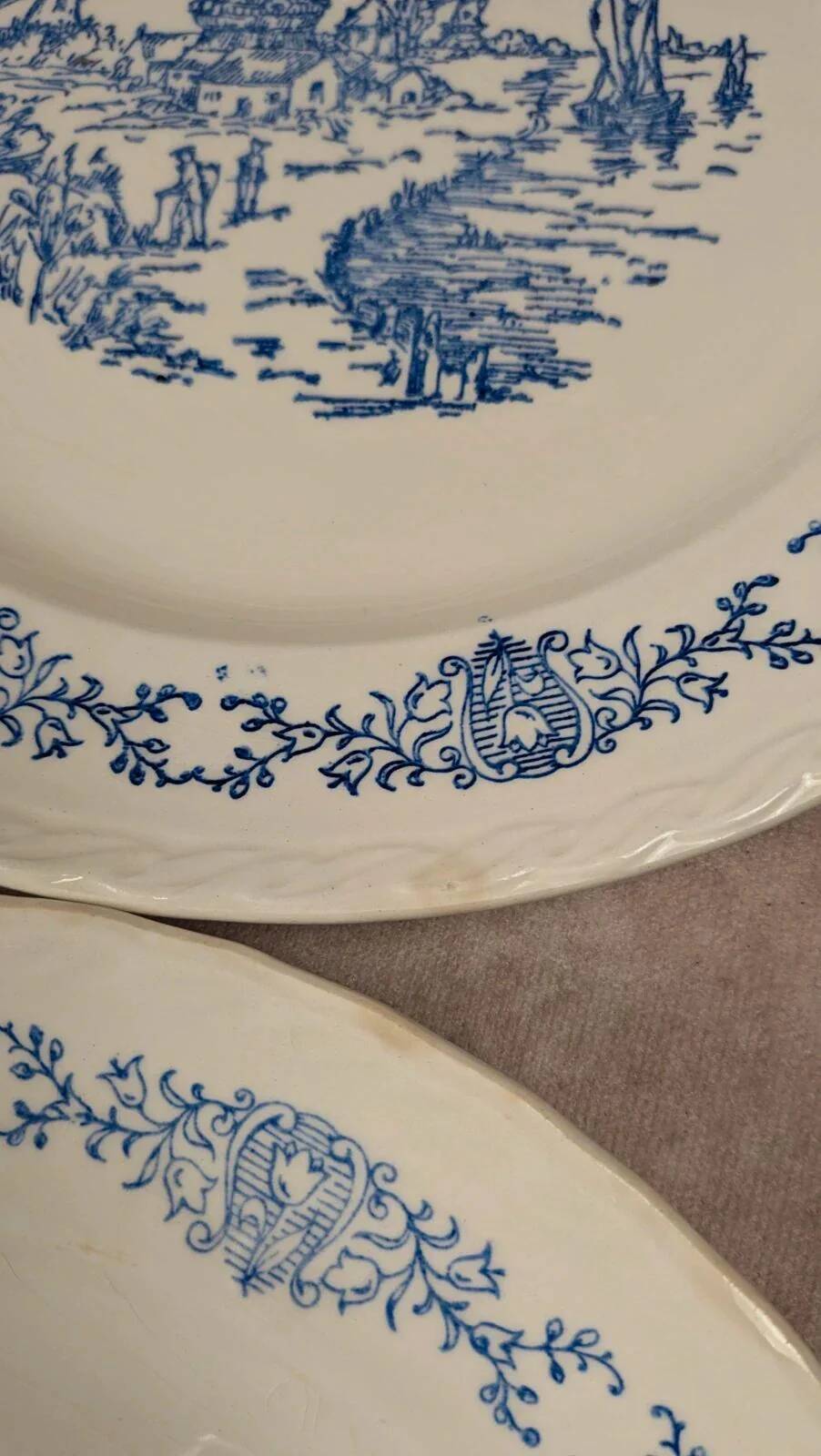 Set of 6 antique flat plates Rotterdam blue windmill design.