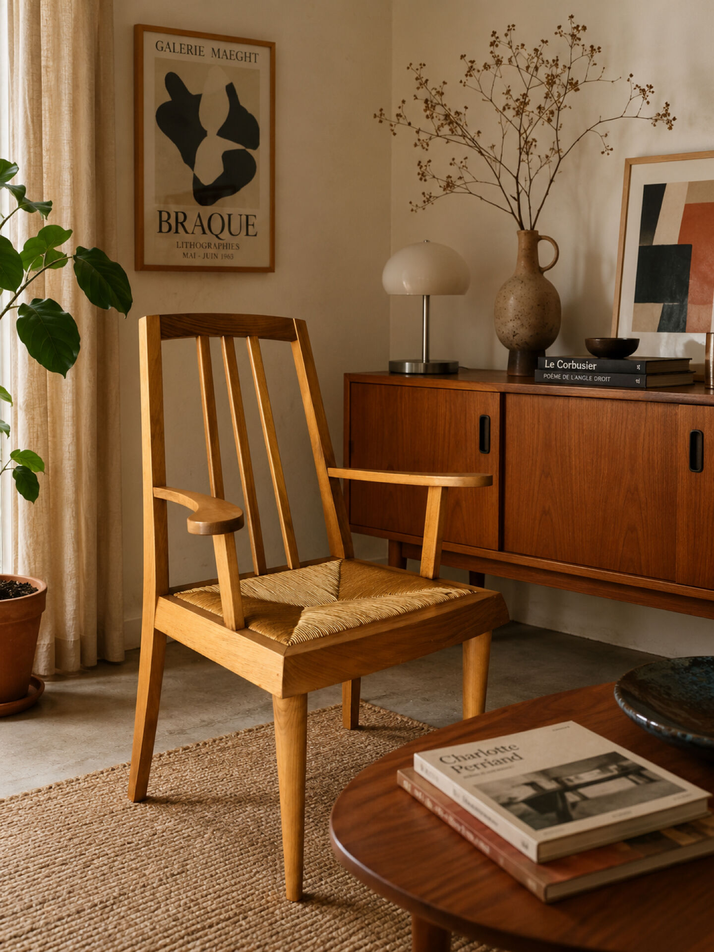 Solid wood and straw armchair, Reconstruction style, France