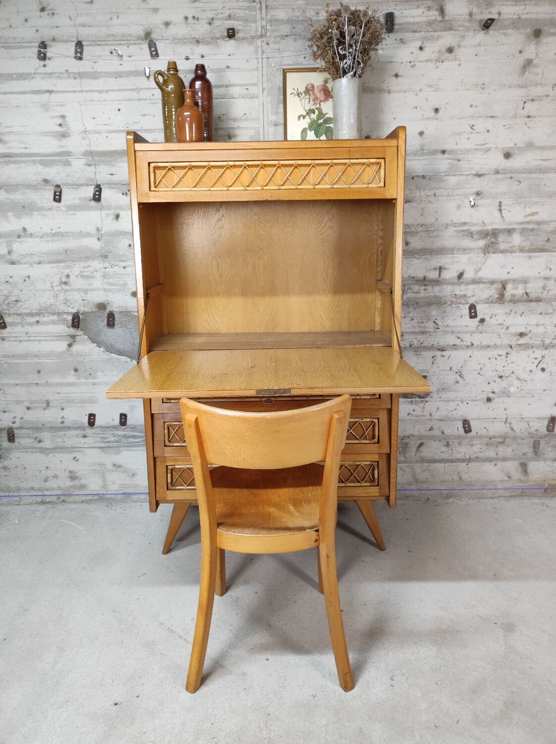 Vintage wood and rattan secretary