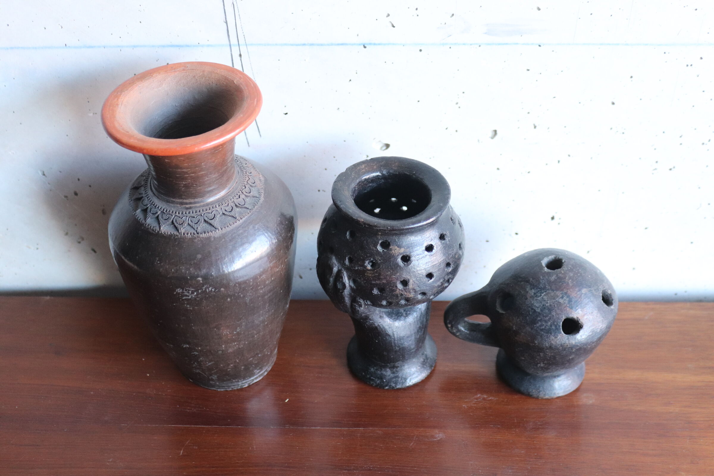 Set of 3 vintage brown and black pottery
