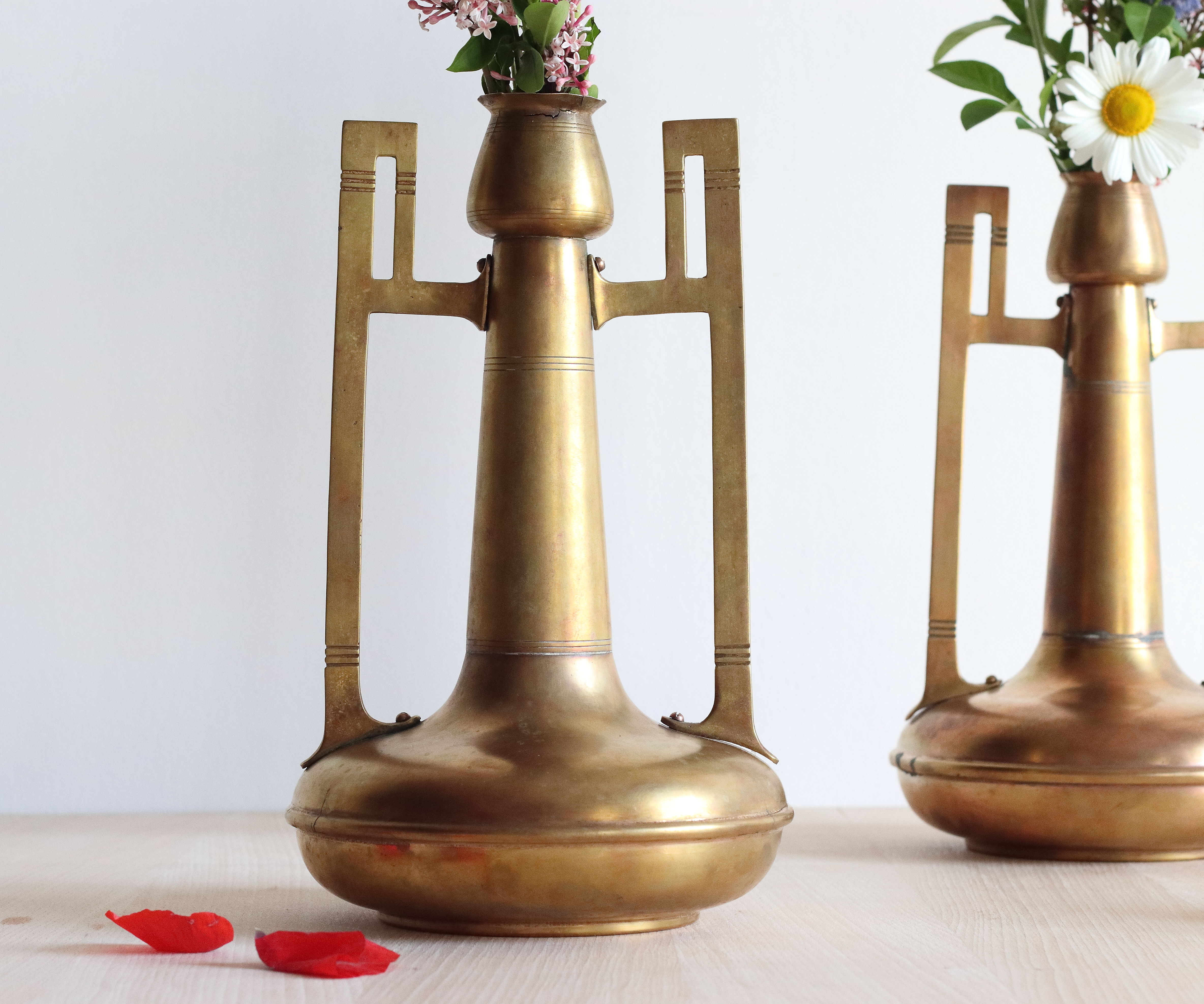 Pair of art nouveau copper and brass vases by Gustave Serrurier-Bovy