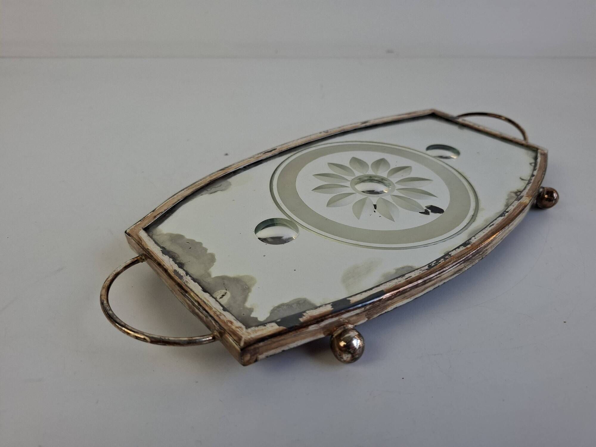 Vintage Art Deco Mirrored Glass Serving Tray with Floral Motif