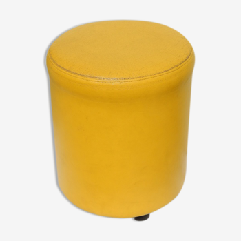 Pouf tabouret skai jaune vintage des années 70