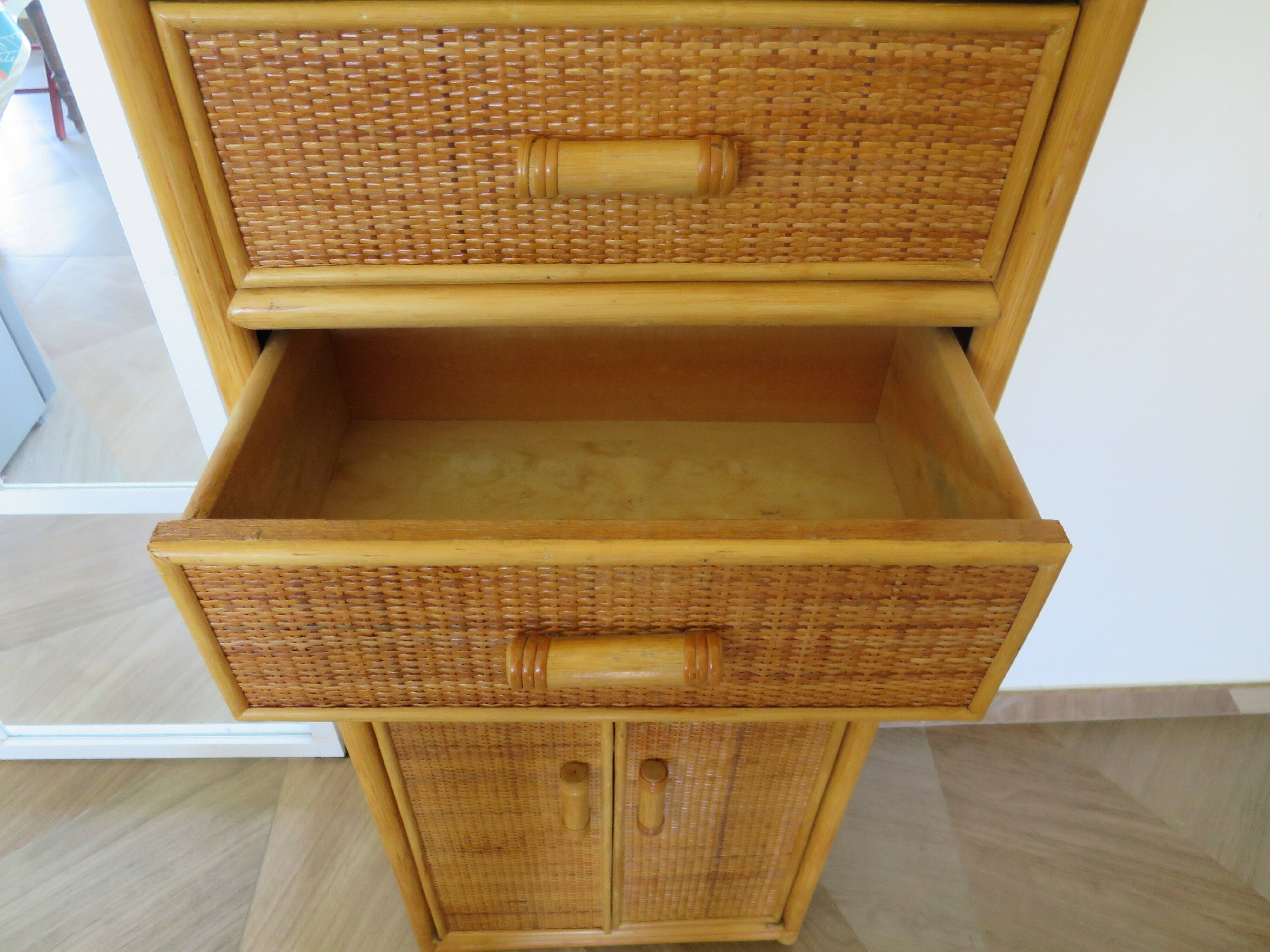 Vintage Library - 2 drawers - Woven rattan cupboard - 1980s - natural