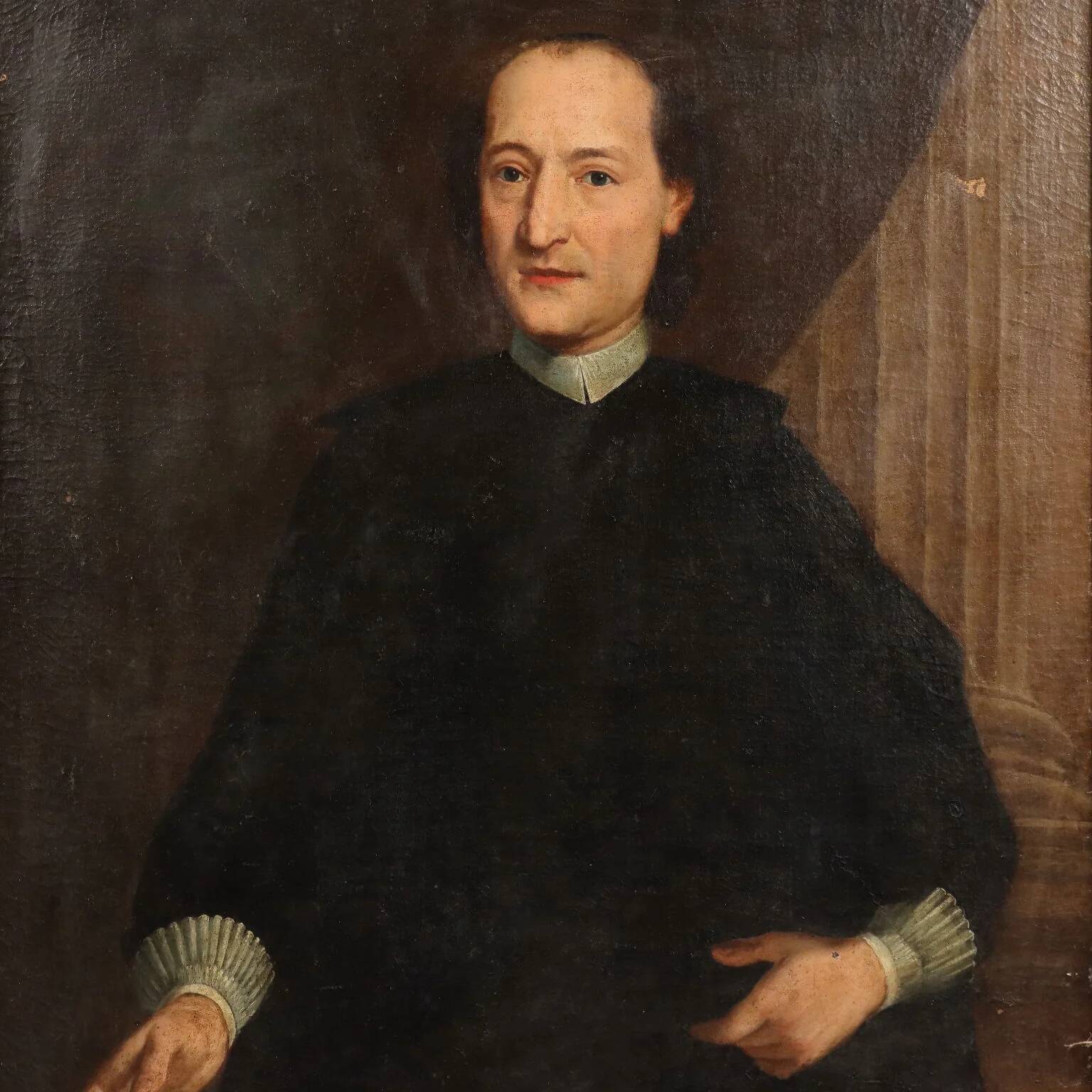 Ancient painting, portrait of a clergyman, oil on canvas, 18th century.