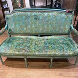 Louis XVI style bench in blue lacquered wood with gold trim