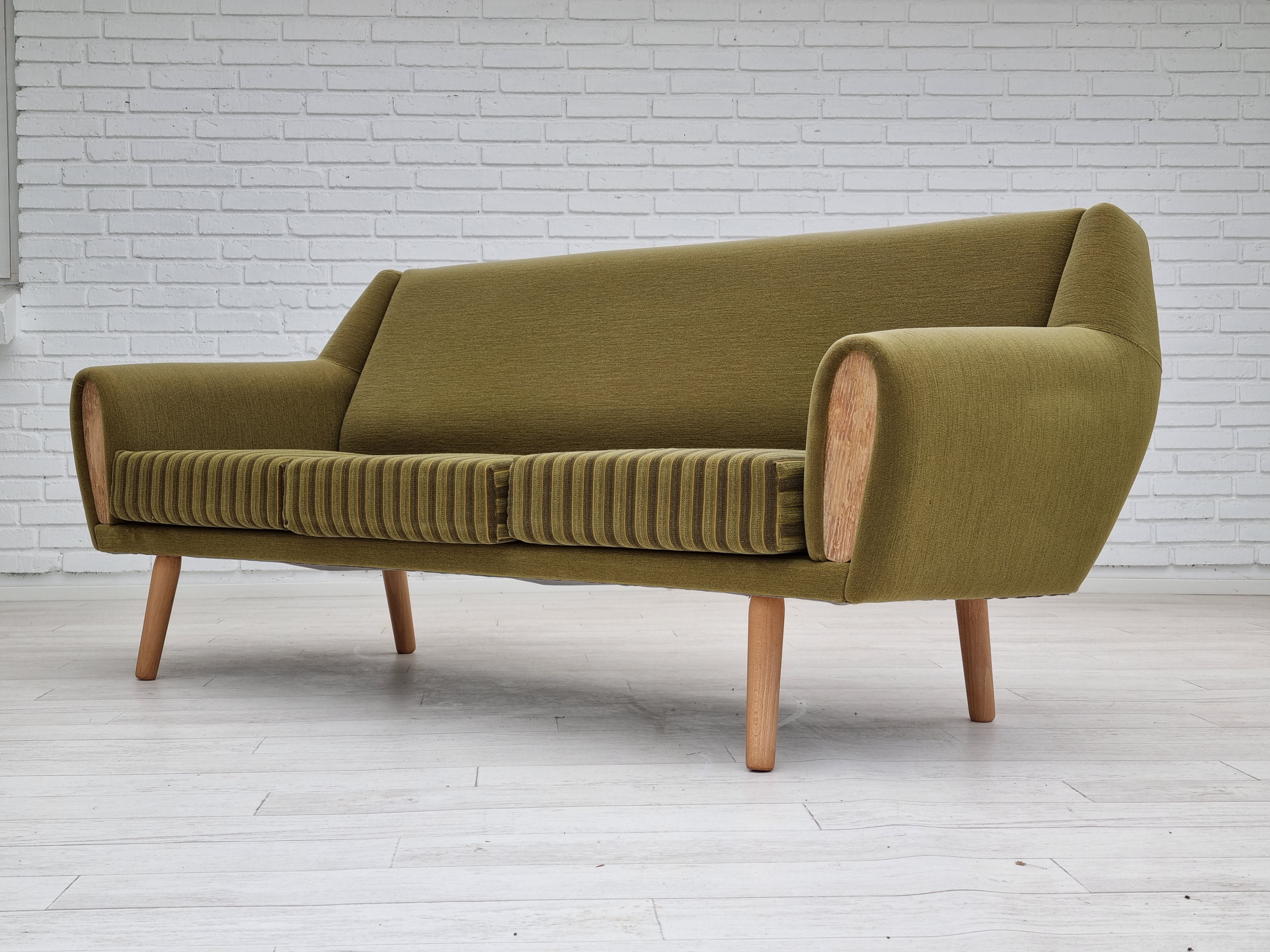 1970s, Danish 3-seater sofa, original very good condition, green furniture fabric, oak