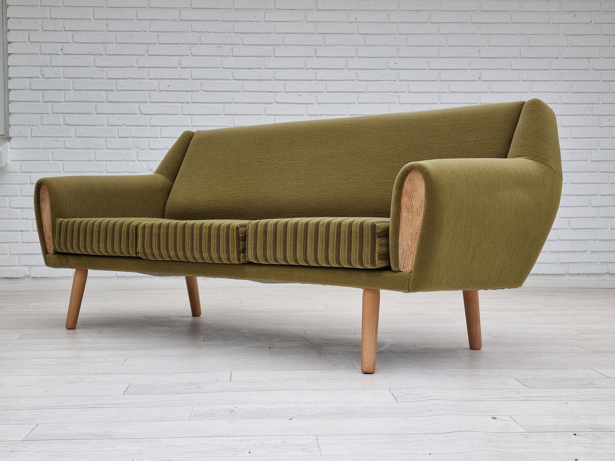 1970s, Danish 3-seater sofa, original very good condition, green furniture fabric, oak