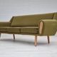 1970s, Danish 3-seater sofa, original very good condition, green furniture fabric, oak