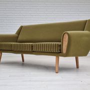 1970s, Danish 3-seater sofa, original very good condition, green furniture fabric, oak