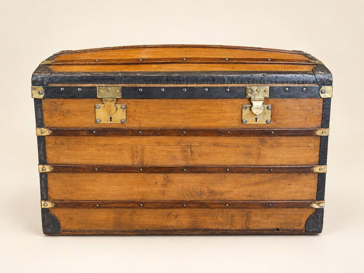 19th Century Domed Travel Trunk – Wood, Brass, Leather – Restored