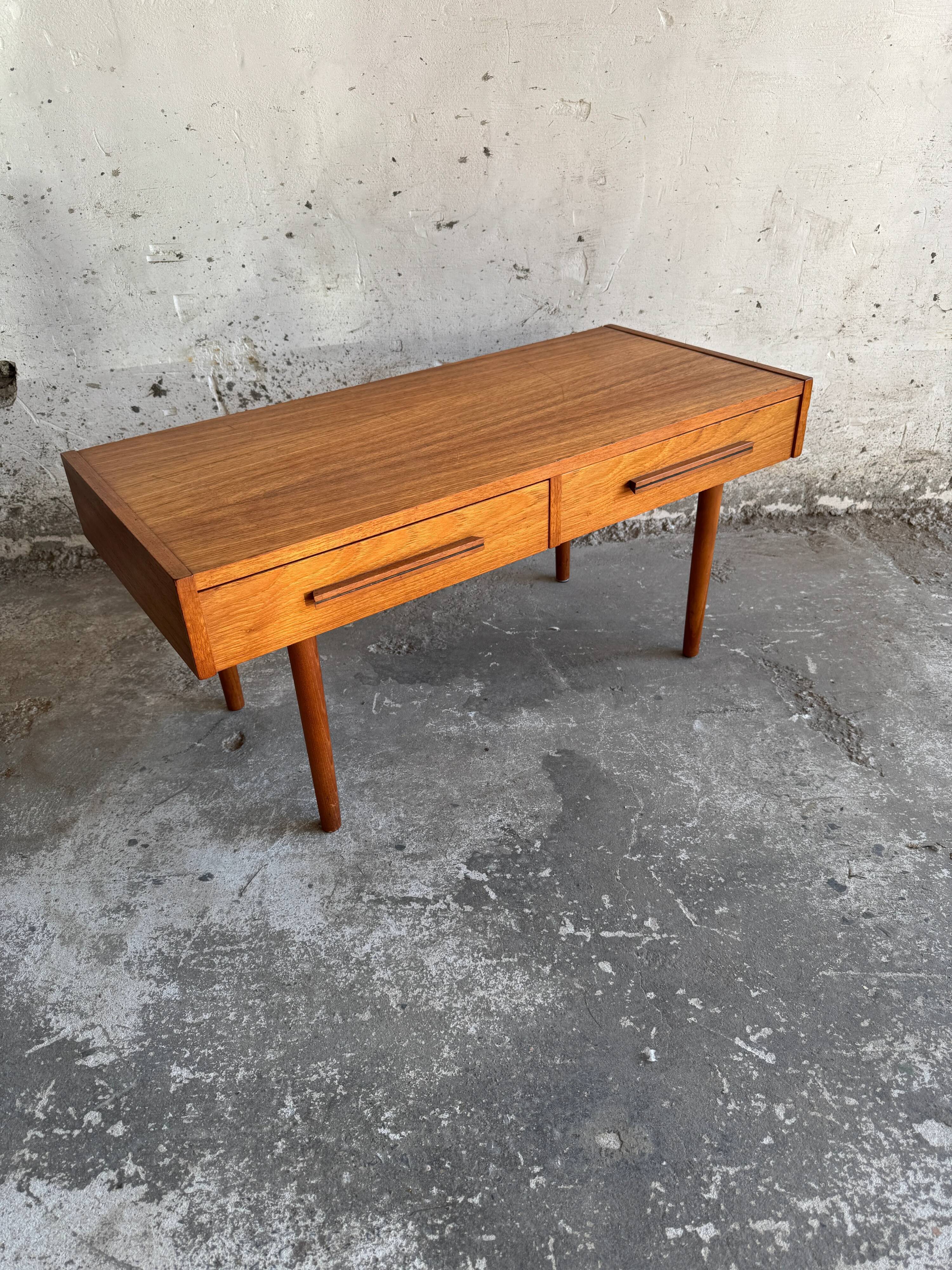 Low Danish Teak Cabinet by Millenium Design — Warm Teak Veneer, Two Drawers, Tapered Legs