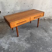 Low Danish Teak Cabinet by Millenium Design — Warm Teak Veneer, Two Drawers, Tapered Legs