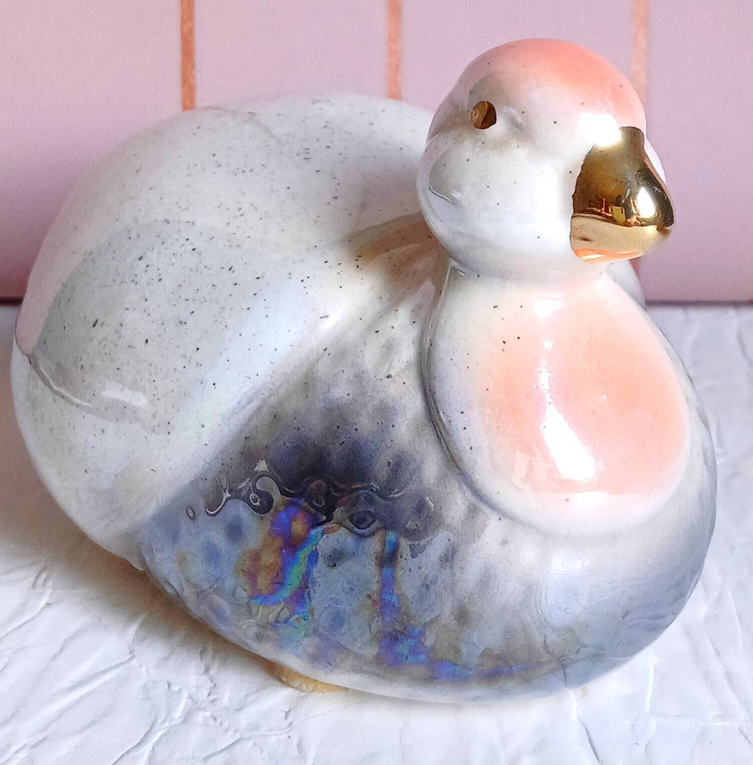 Pearlescent and iridescent ceramic guinea fowl bird
