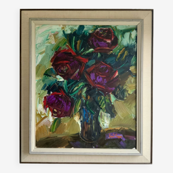 Peinture à l'huile suédoise originale du milieu du 20e siècle, roses empâtées dans un vase, signée