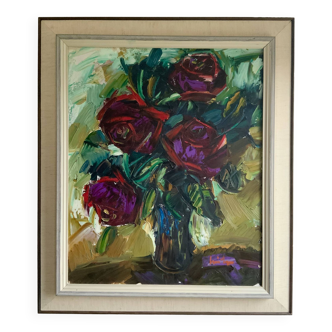 Peinture à l'huile suédoise originale du milieu du 20e siècle, roses empâtées dans un vase, signée