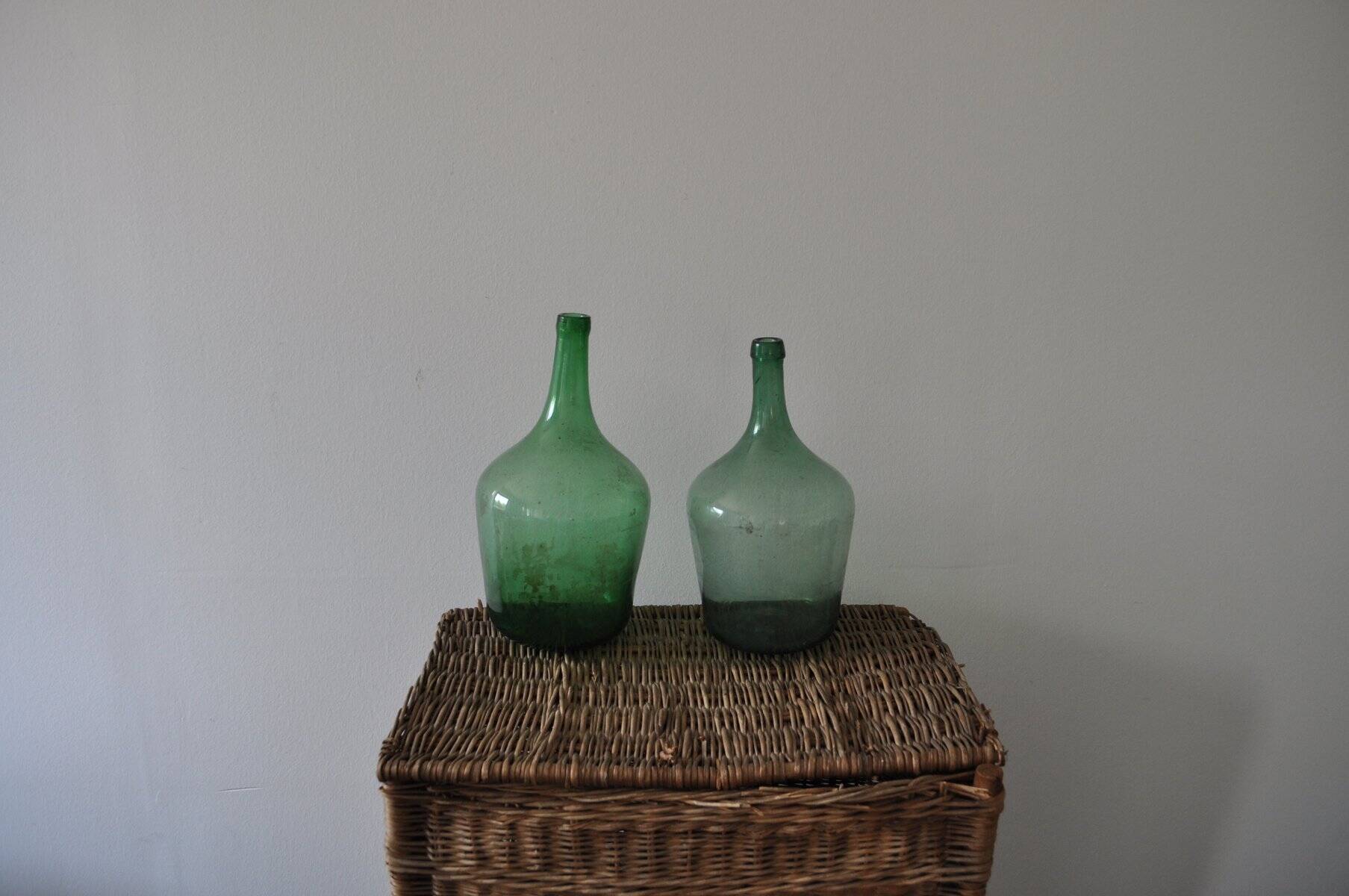 Pair of vintage green glass wine bottles – Hungary / Czech Republic, set of 2