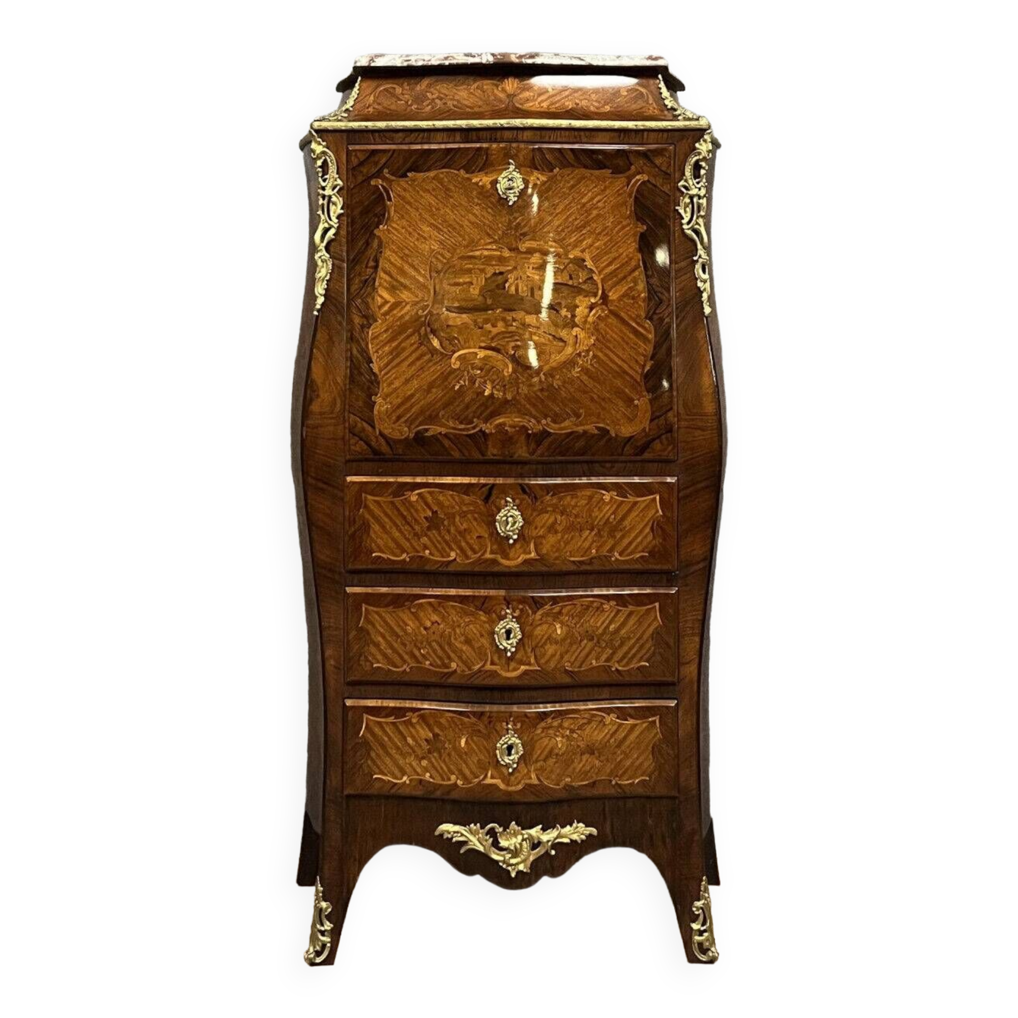 Secretary of Lady curved Louis XV style in precious wood marquetry circa 1850