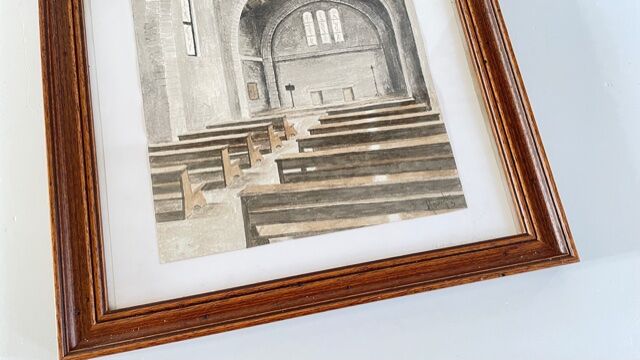 Tableau ancien aquarelle intérieur chapelle sur papier