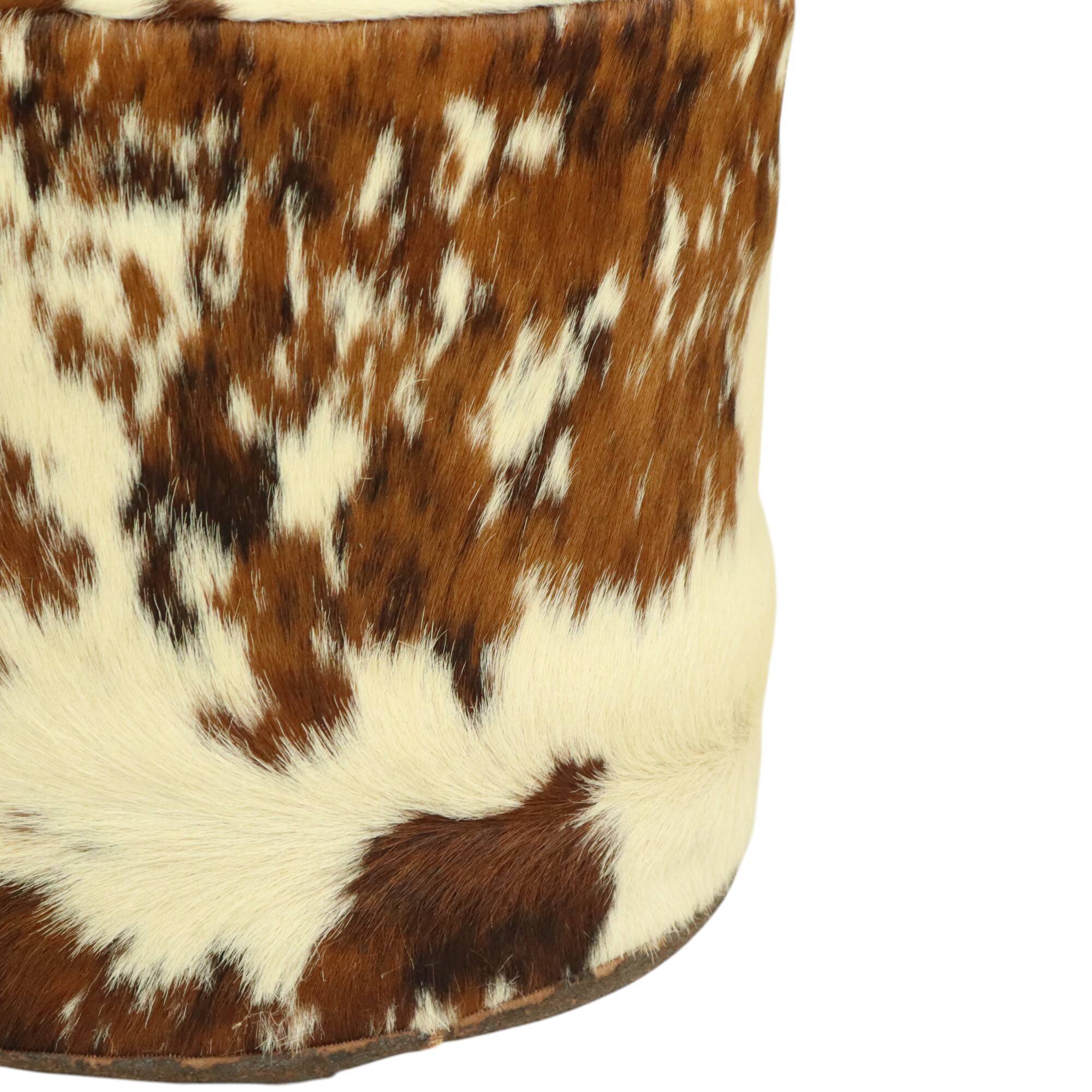 Round Vintage Pouf Cowhide Leather Sixties 47cm