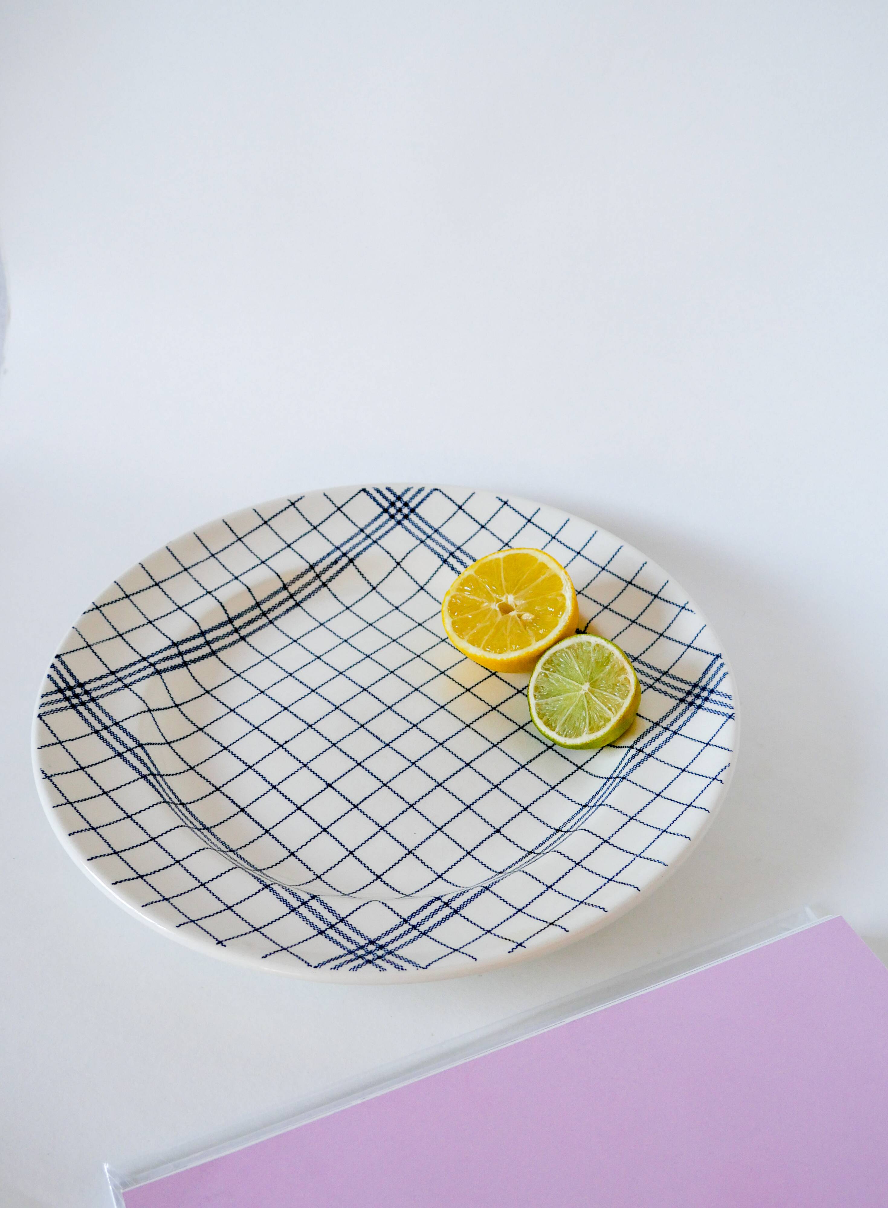 large round dish Gien blue and white striped 1960