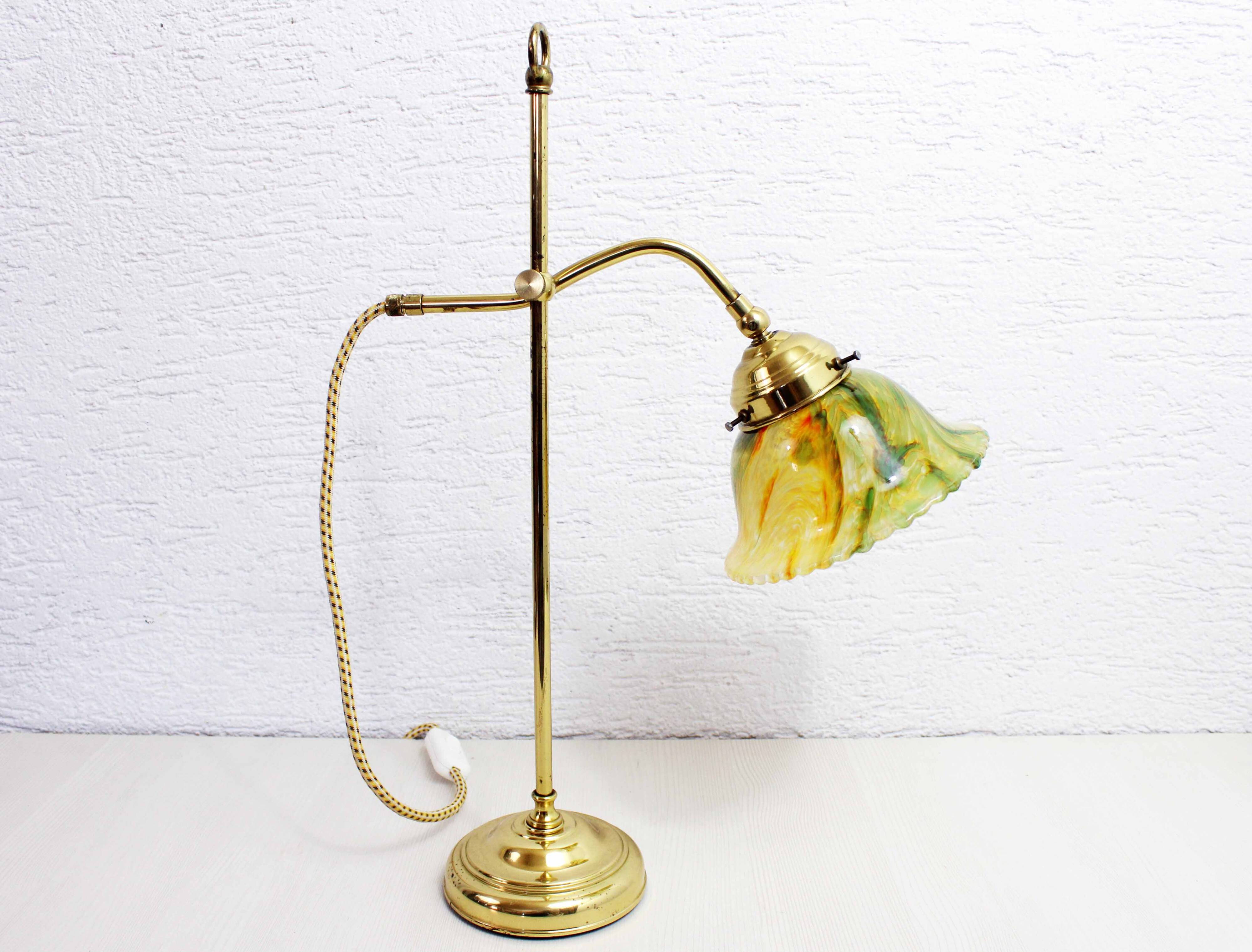 Brass and glass swan neck lamp