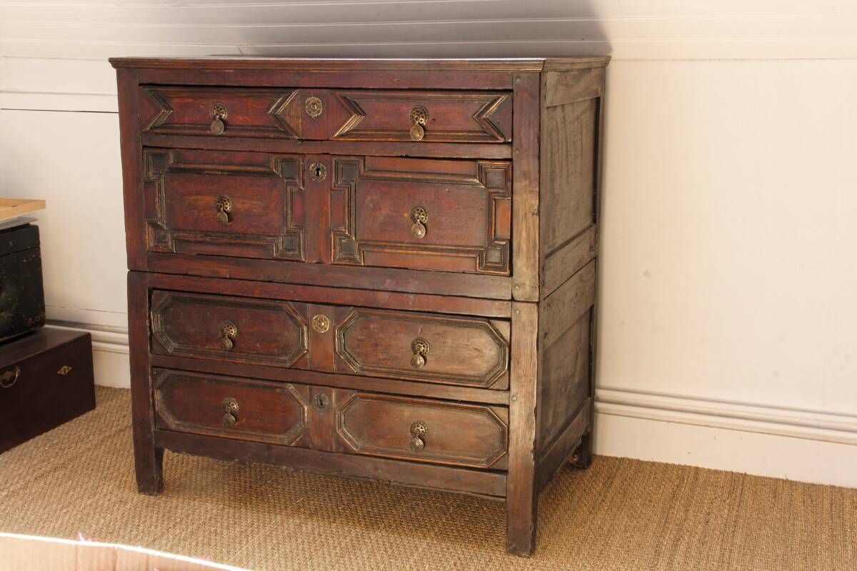 English chest of drawers; Charles II period, oak