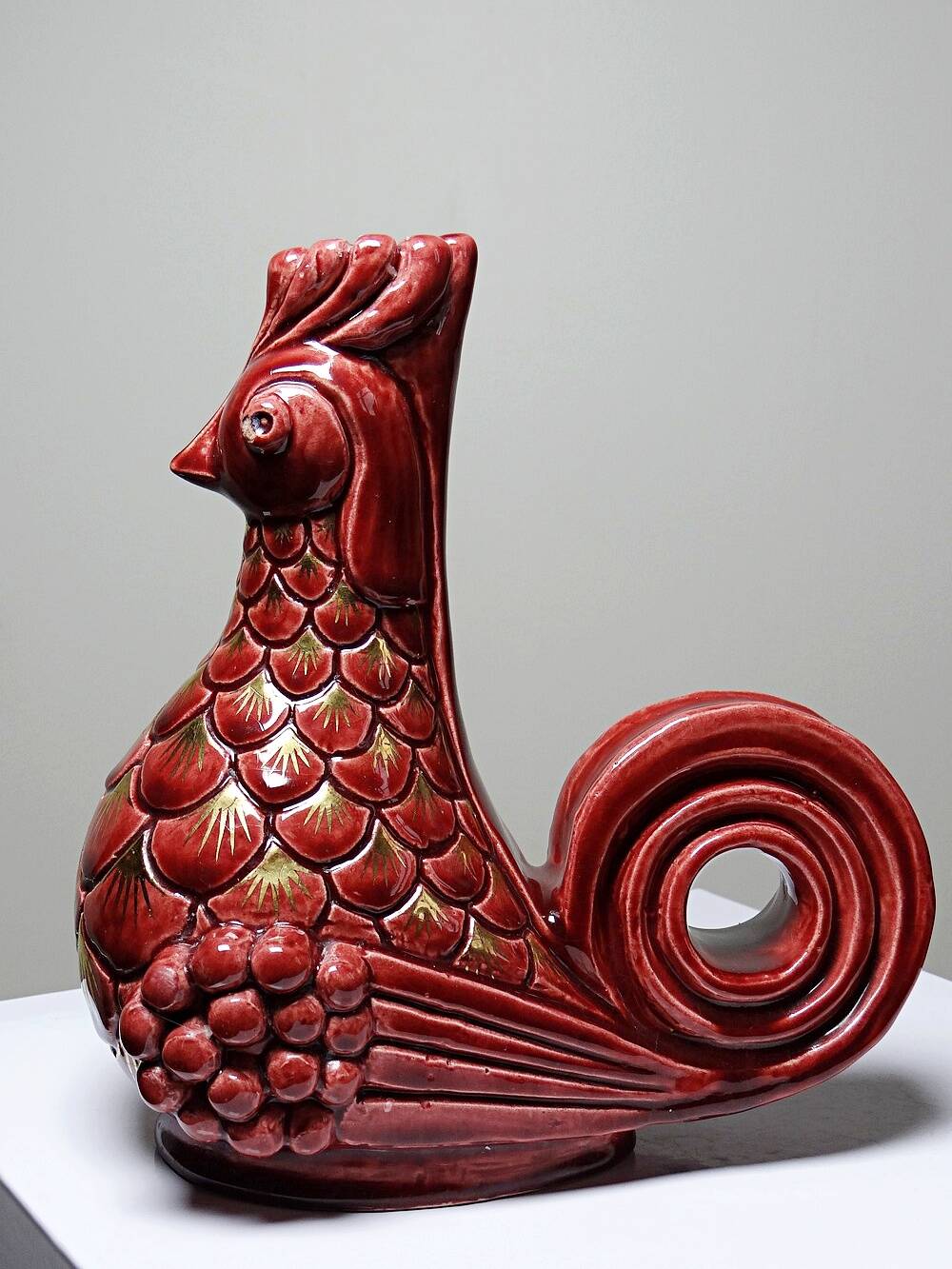 Pair of ceramic glazed candlesticks in the shape of roosters, signed A.G Roger, year 1948.