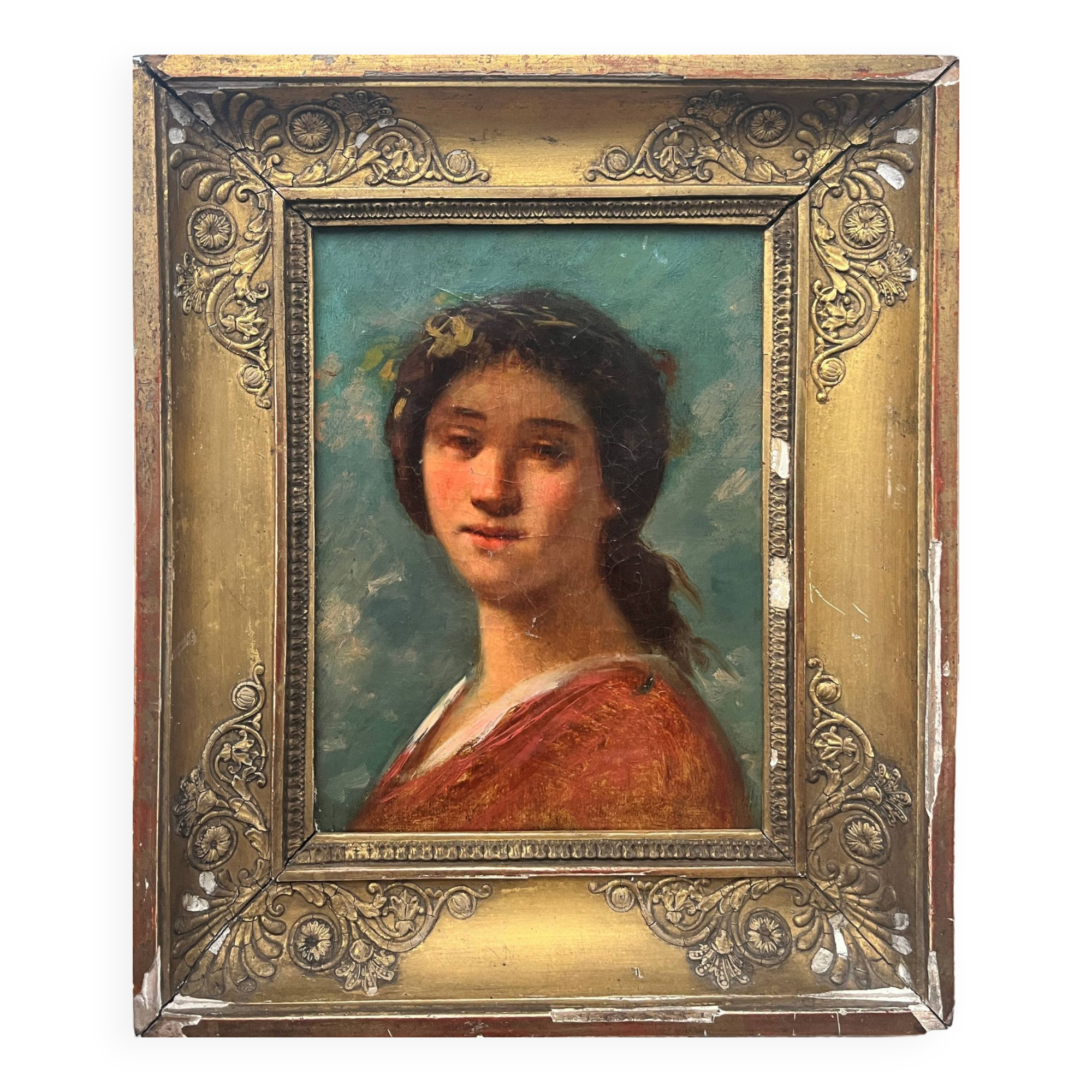 HST painting "Portrait of a young woman with a crown" 19th century, Empire frame
