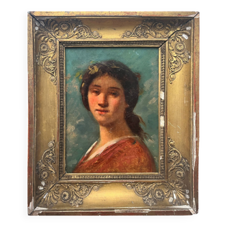 Tableau HST "Portrait de jeune femme à la couronne" XIXème, cadre Empire