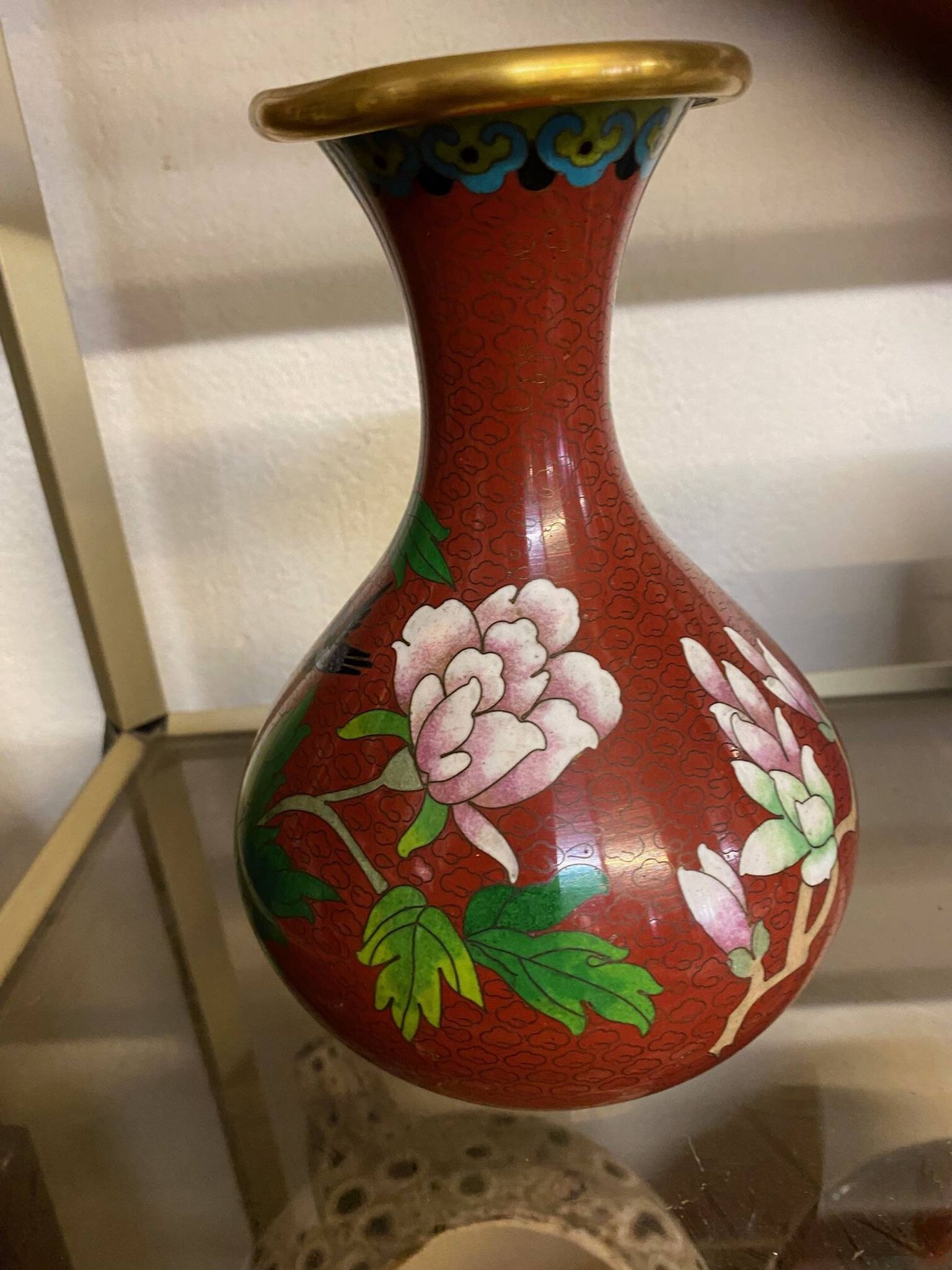 CLOISONNE VASE WITH LOTUS FLOWERS DECOR IN BURGUNDY TONES